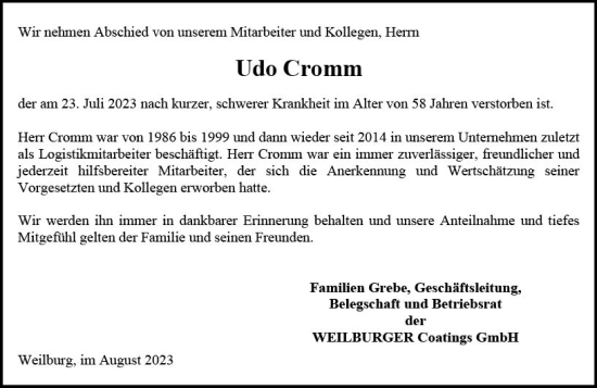 Traueranzeige von Udo Cromm von Weilburger Tageblatt