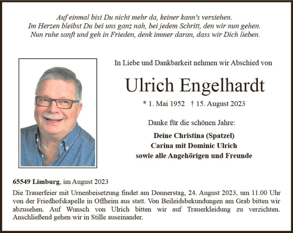  Traueranzeige für Ulrich Engelhardt vom 19.08.2023 aus Nassauische Neue Presse