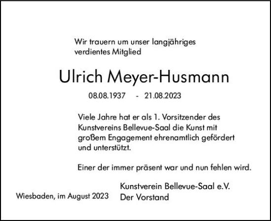 Traueranzeige von Ulrich Meyer-Husmann von Wiesbadener Kurier