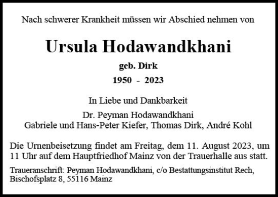 Traueranzeige von Ursula Hodawandkhani von Allgemeine Zeitung Mainz