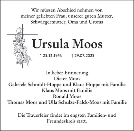Traueranzeige von Ursula Moos von Wiesbadener Kurier