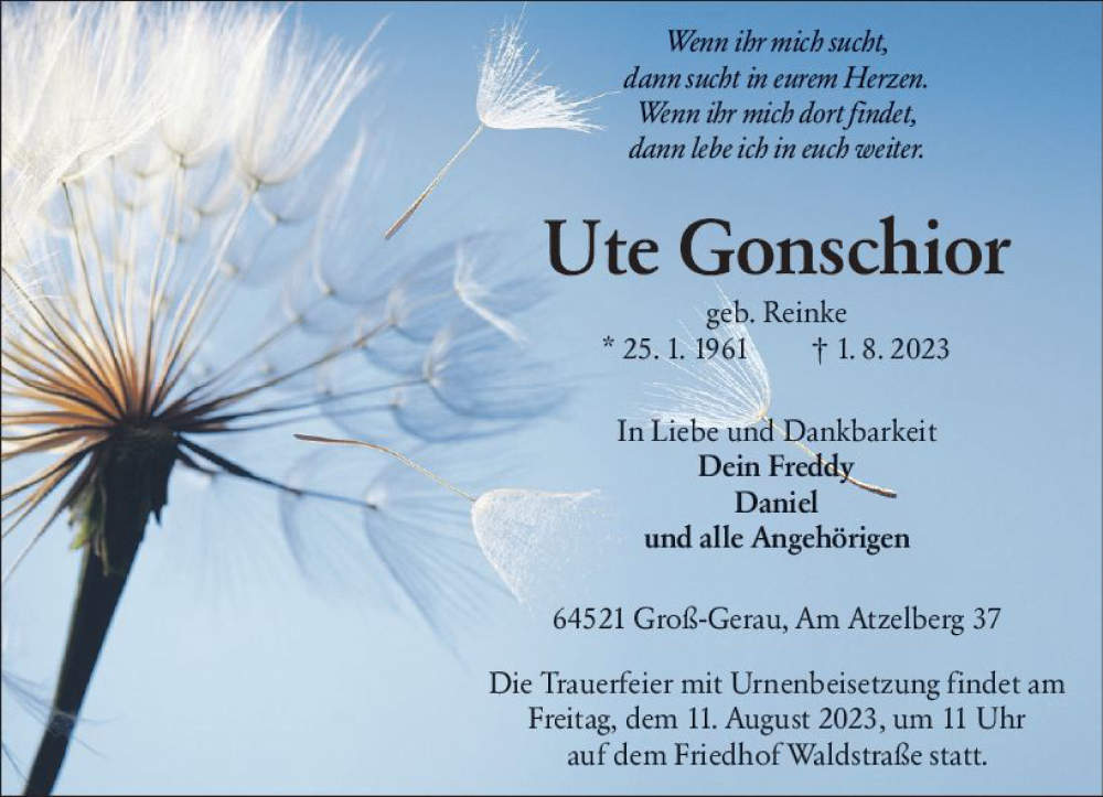  Traueranzeige für Ute Gonschior vom 05.08.2023 aus Groß-Gerauer Echo