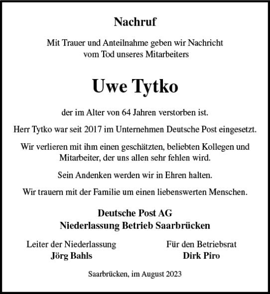 Traueranzeige von Uwe Tytko von Allgemeine Zeitung Mainz