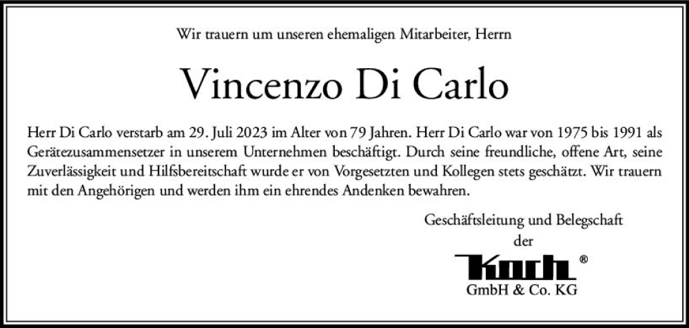  Traueranzeige für Vincenzo Di Carlo vom 17.08.2023 aus Dill Block