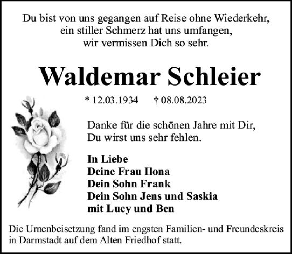  Traueranzeige für Waldemar Schleier vom 19.08.2023 aus Darmstädter Echo