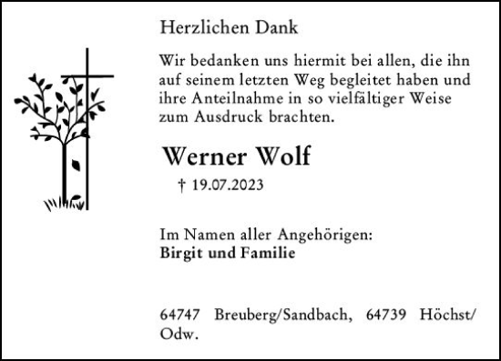 Traueranzeige von Werner Wolf von Odenwälder Echo
