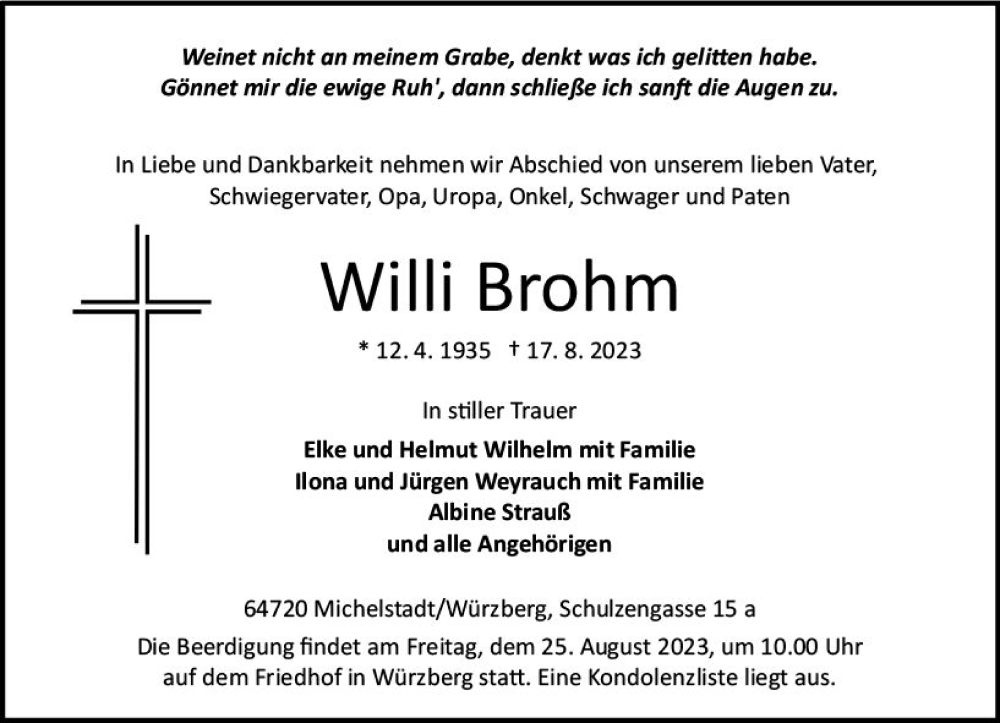  Traueranzeige für Willi Brohm vom 23.08.2023 aus Odenwälder Echo