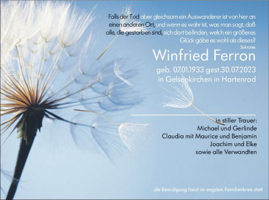 Traueranzeige von Winfried Ferron von VRM Trauer