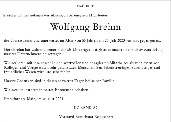 Traueranzeige von Wolfgang Brehm von Hochheimer Zeitung