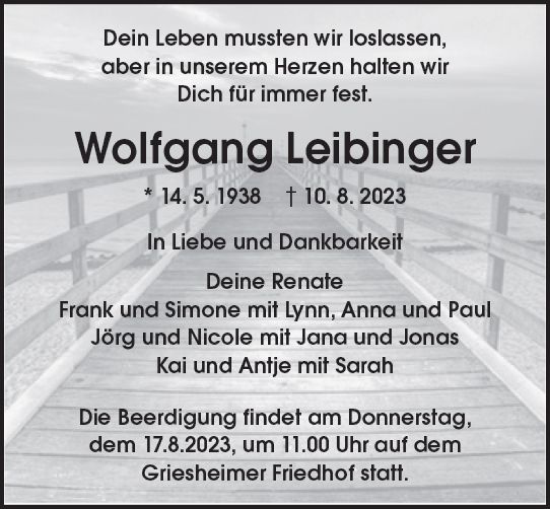Traueranzeige von Wolfgang Leibinger von Darmstädter Echo
