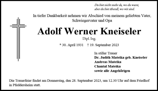 Traueranzeige von Adolf Werner Kneiseler von Wormser Zeitung