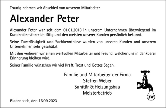 Traueranzeige von Alexander Peter von Hinterländer Anzeiger
