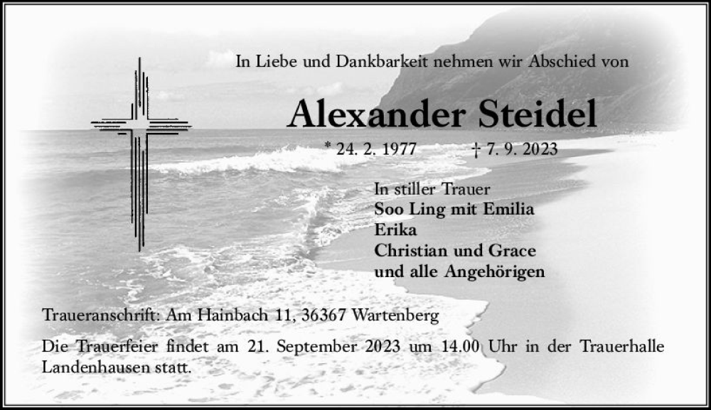  Traueranzeige für Alexander Steidel vom 18.09.2023 aus Lauterbacher Anzeiger