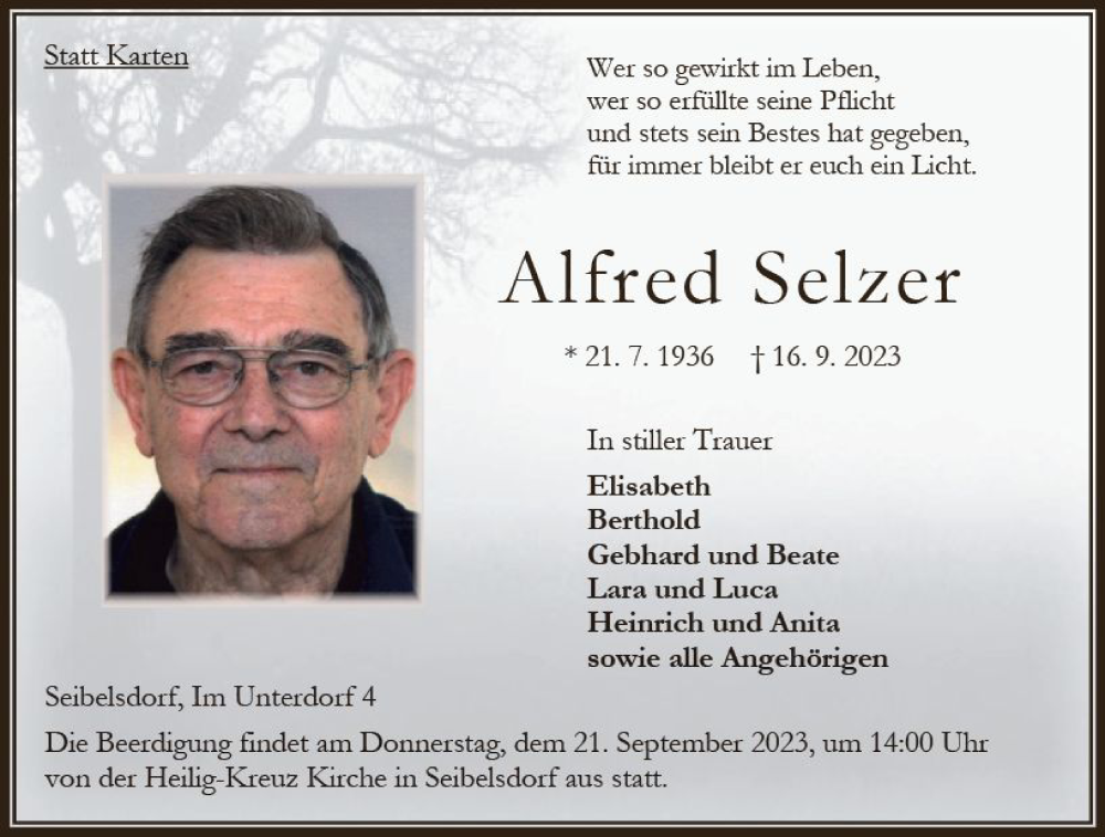  Traueranzeige für Alfred Selzer vom 19.09.2023 aus Oberhessische Zeitung
