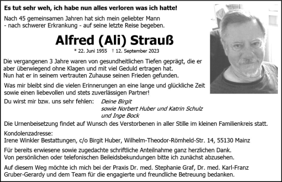 Traueranzeige von Alfred Strauß von Allgemeine Zeitung Mainz