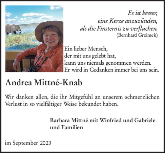 Traueranzeige von Andrea Mittifd-Knab von Allgemeine Zeitung Mainz