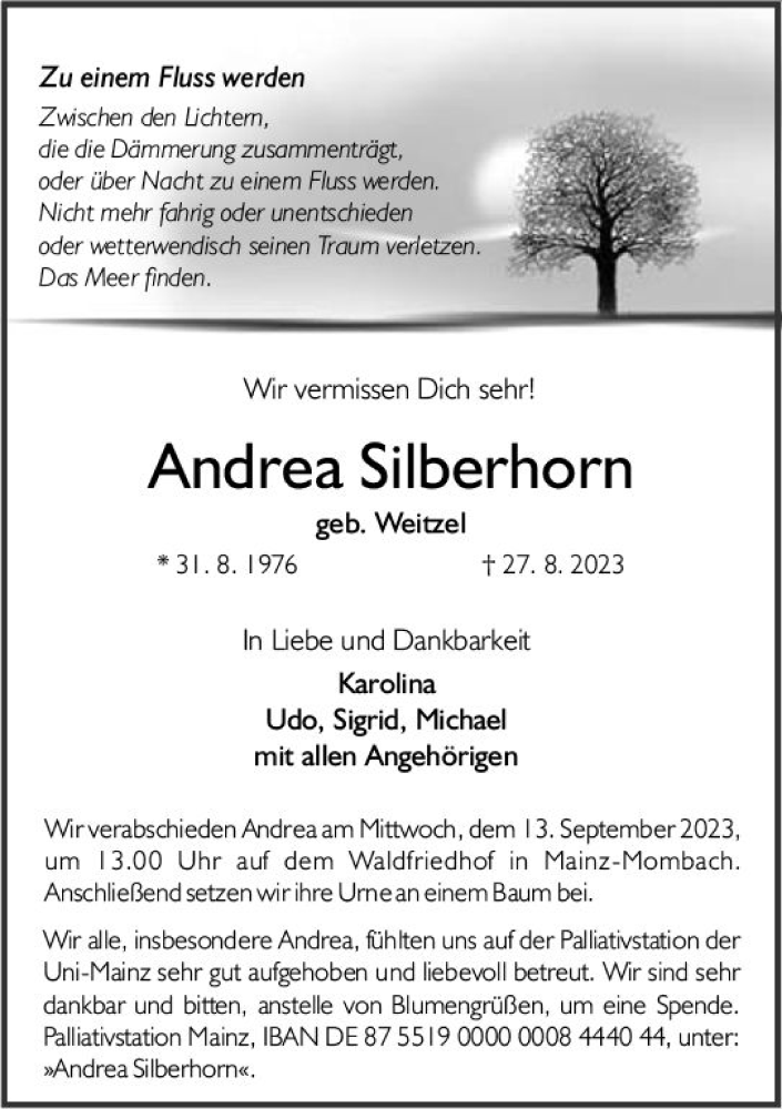  Traueranzeige für Andrea Silberhorn vom 09.09.2023 aus Allgemeine Zeitung Bingen/Ingelheim
