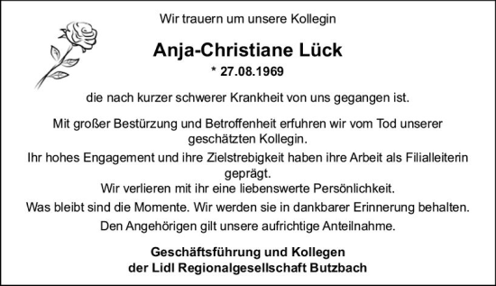Traueranzeige von Anja-Christiane Lück von Wetzlarer Neue Zeitung