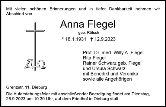 Traueranzeige von Anna Flegel von Dieburger Anzeiger/Groß-Zimmerner Lokal-Anzeiger