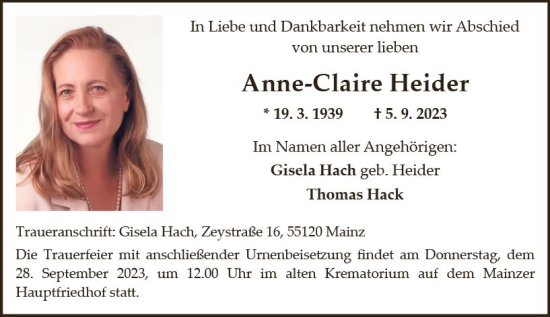 Traueranzeige von Anne-Claire Heider von Allgemeine Zeitung Mainz