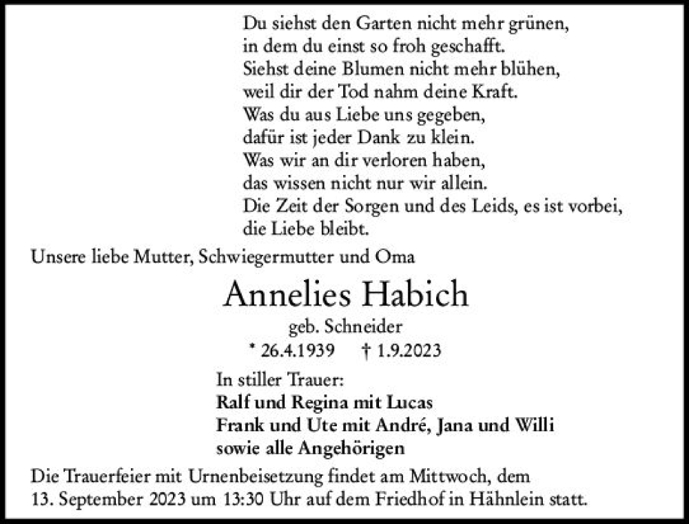  Traueranzeige für Annelies Habich vom 09.09.2023 aus Darmstädter Echo