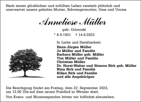 Traueranzeige von Anneliese Müller von Wetzlarer Neue Zeitung