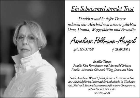 Traueranzeige von Anneliese Pollmann-Mangel von Wiesbadener Kurier