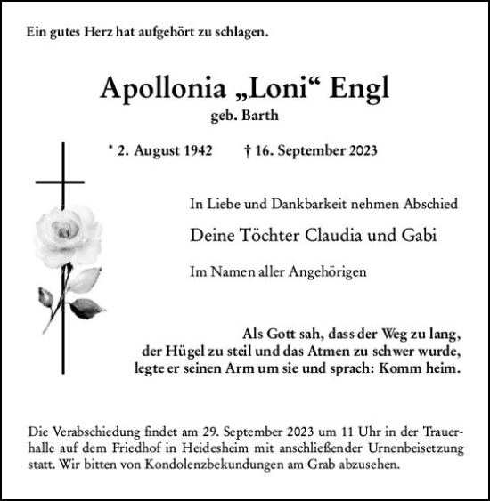Traueranzeige von Apollonia Engl von Allgemeine Zeitung Bingen/Ingelheim