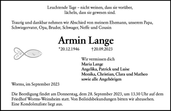 Traueranzeige von Armin Lange von Wormser Zeitung