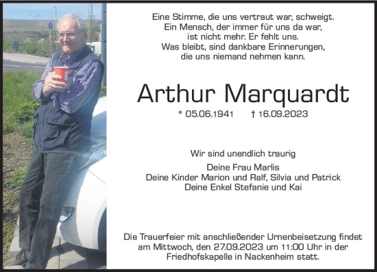 Traueranzeige von Arthur Marquardt von Allgemeine Zeitung Mainz