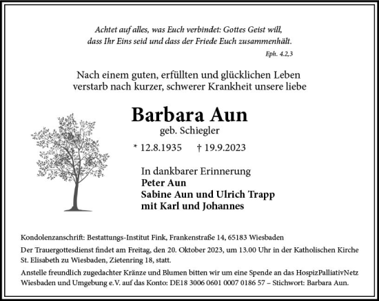 Traueranzeige von Barbara Aun von Wiesbadener Kurier