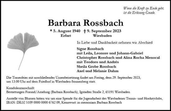 Traueranzeige von Barbara Rossbach von Wiesbadener Kurier