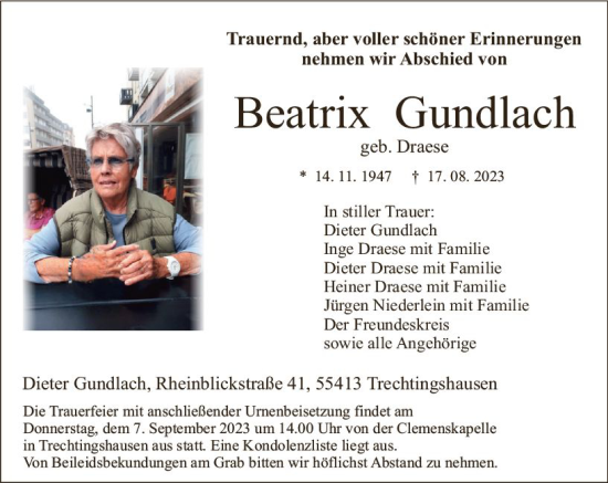 Traueranzeige von Beatrix Gundlach von Allgemeine Zeitung Bingen/Ingelheim