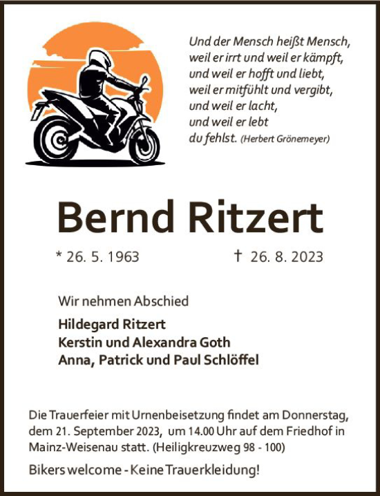 Traueranzeige von Bernd Ritzert von Allgemeine Zeitung Mainz