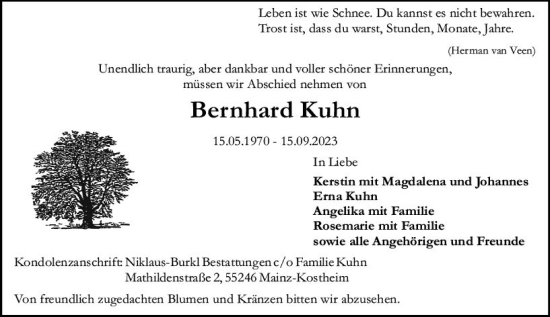Traueranzeige von Bernhard Kuhn von Allgemeine Zeitung Mainz