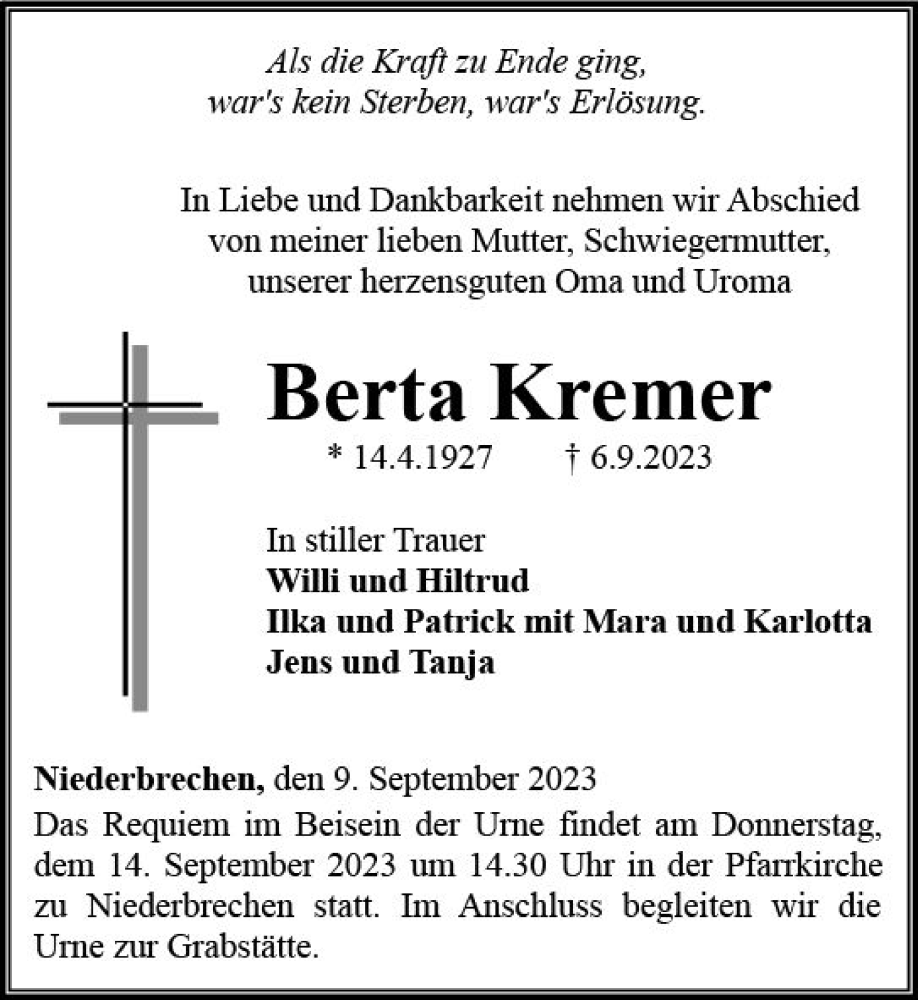  Traueranzeige für Berta Kremer vom 09.09.2023 aus Nassauische Neue Presse