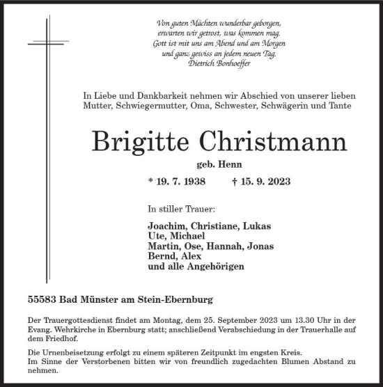 Traueranzeige von Brigitte Christmann von Allgemeine Zeitung Bad Kreuznach