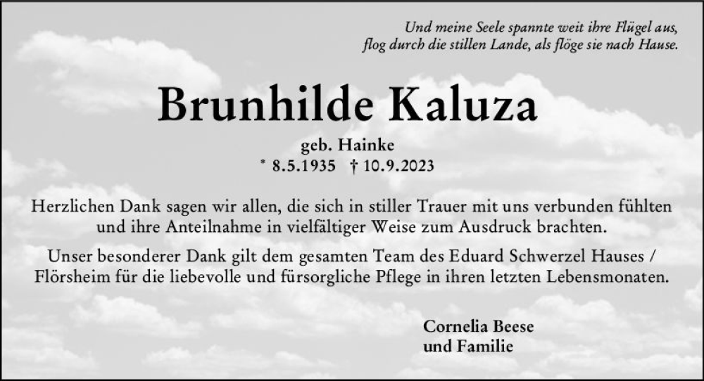  Traueranzeige für Brunhilde Kaluza vom 29.09.2023 aus Hochheimer Zeitung