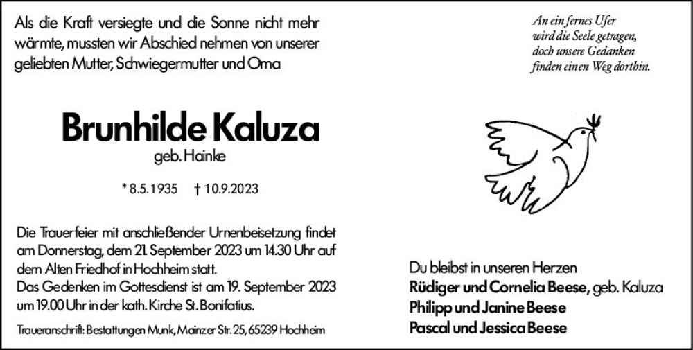  Traueranzeige für Brunhilde Kaluza vom 15.09.2023 aus Hochheimer Zeitung