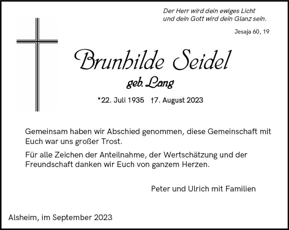  Traueranzeige für Brunhilde Seidel vom 09.09.2023 aus Wormser Zeitung
