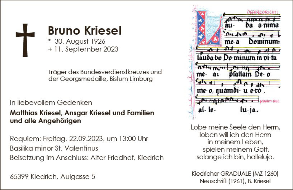  Traueranzeige für Bruno Kriesel vom 16.09.2023 aus Rheingau Kurier