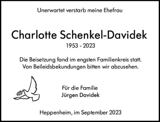 Traueranzeige von Charlotte Schenkel-Davidek von Starkenburger Echo