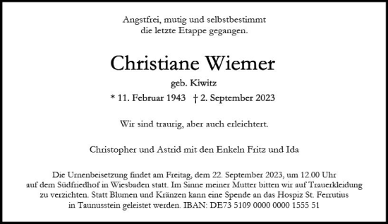 Traueranzeige von Christiane Wiemer von Wiesbadener Kurier