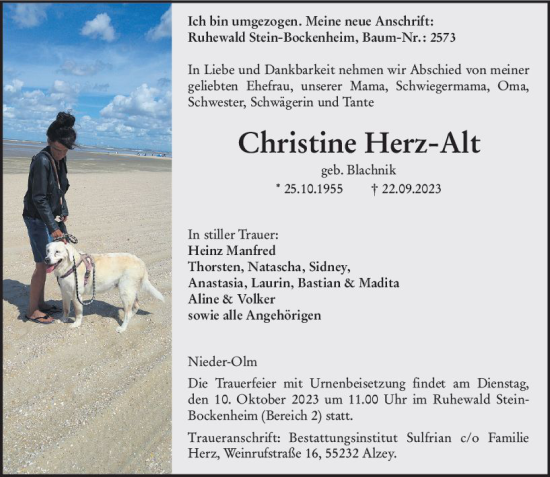 Traueranzeige von Christine Herz-Alt von Allgemeine Zeitung Mainz
