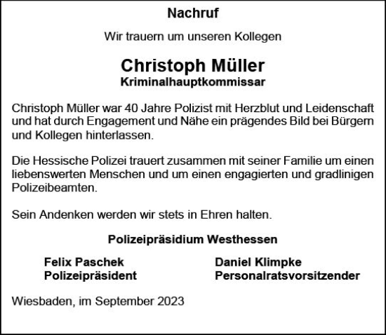 Traueranzeige von Christoph Müller von Wiesbadener Kurier
