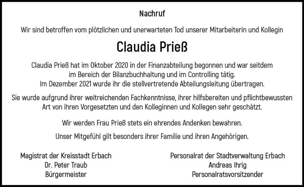  Traueranzeige für Claudia Prieß vom 16.09.2023 aus Odenwälder Echo