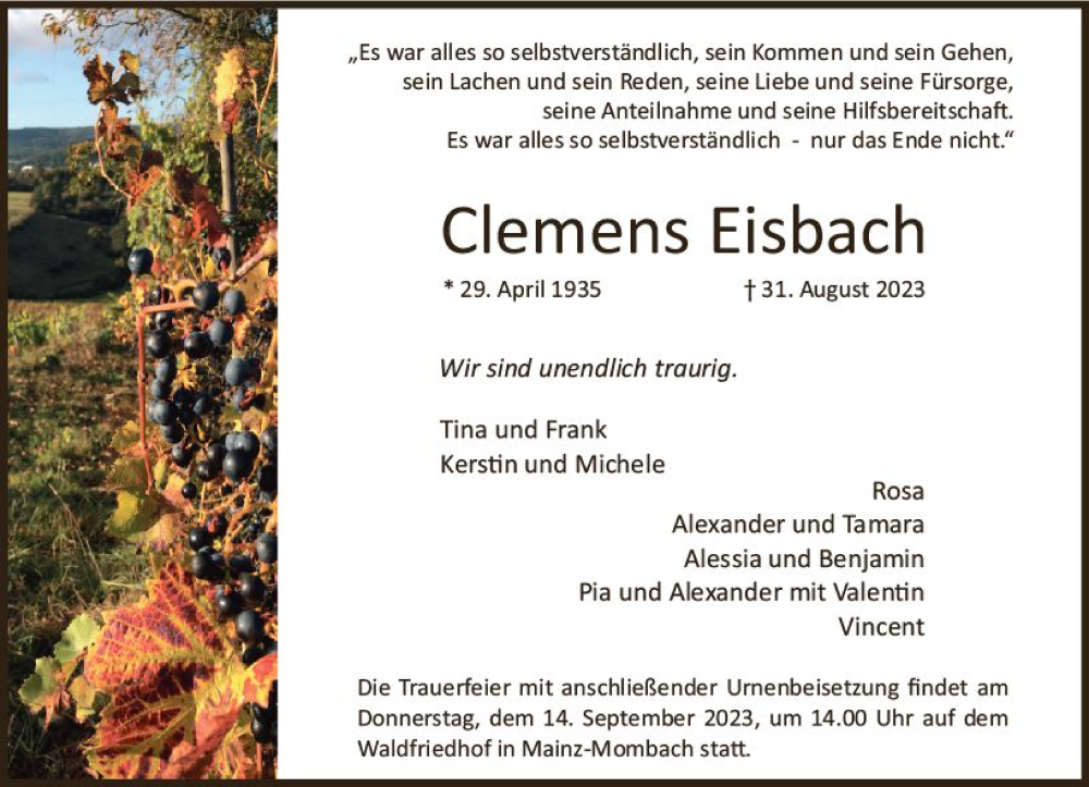  Traueranzeige für Clemens Eisbach vom 09.09.2023 aus Allgemeine Zeitung Mainz