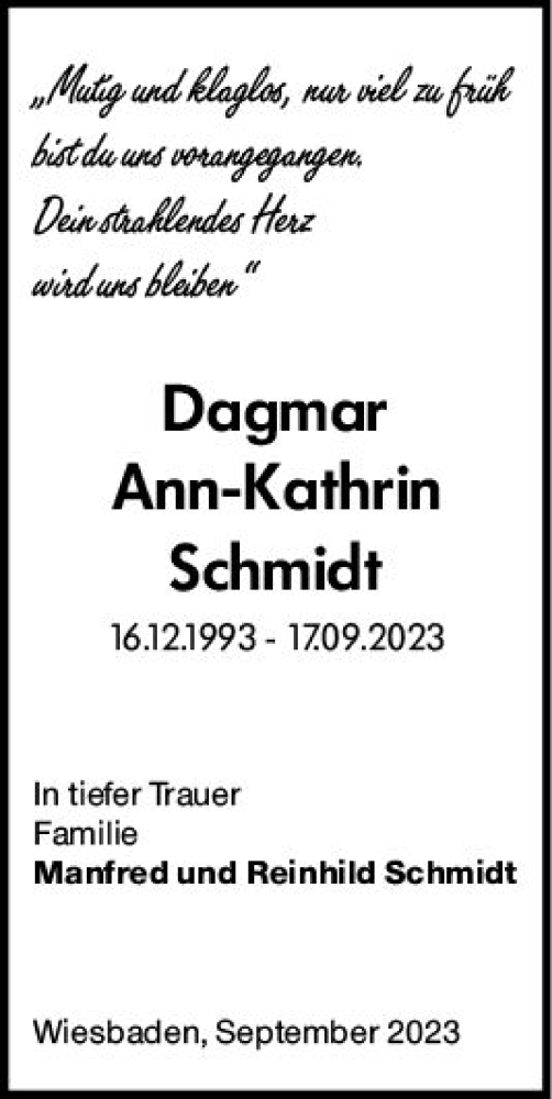 Traueranzeige von Dagmar Ann-Kathrin Schmidt von Wiesbadener Kurier