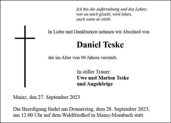 Traueranzeige von Daniel Teske von Allgemeine Zeitung Mainz
