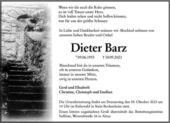 Traueranzeige von Dieter Barz von Allgemeine Zeitung Alzey